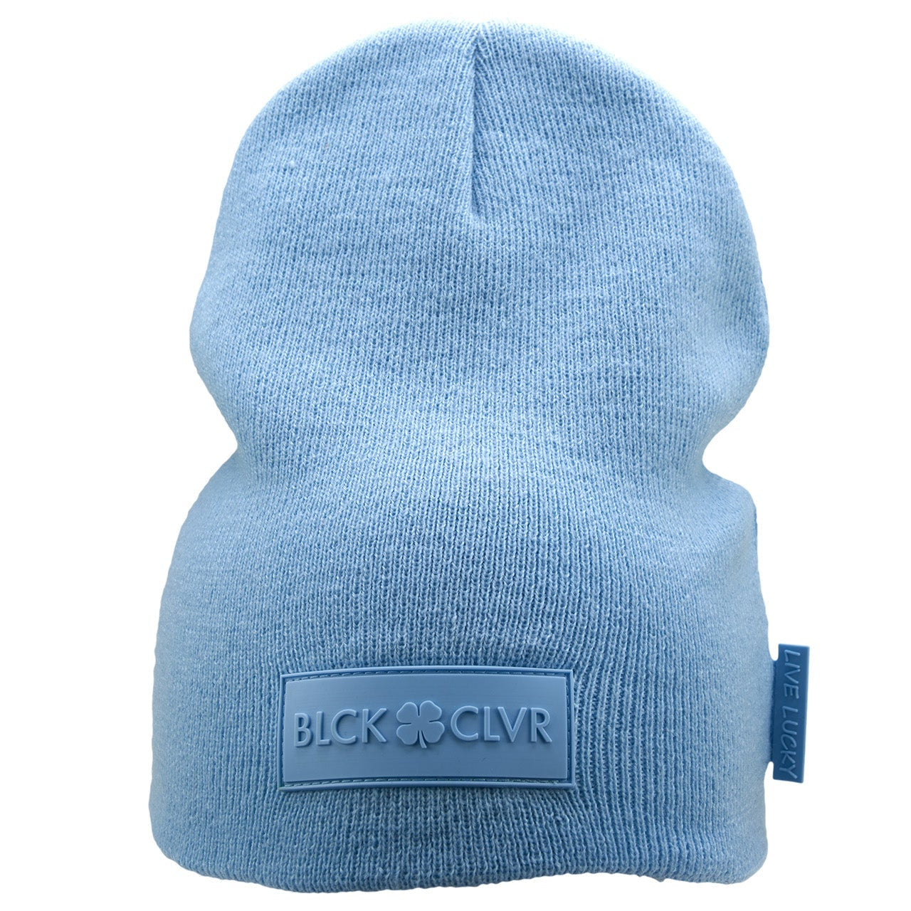 Cuffless Ice Blue beanie from Black Clover featuring cuffless design and a "Black Clover" patch on the front