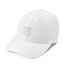 A white baseball cap featuring a glittery silver embroidered four-leaf clover on the front and subtle script embroidery on the side, set against a clean white background.