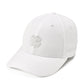 A white baseball cap featuring a glittery silver embroidered four-leaf clover on the front and subtle script embroidery on the side, set against a clean white background.