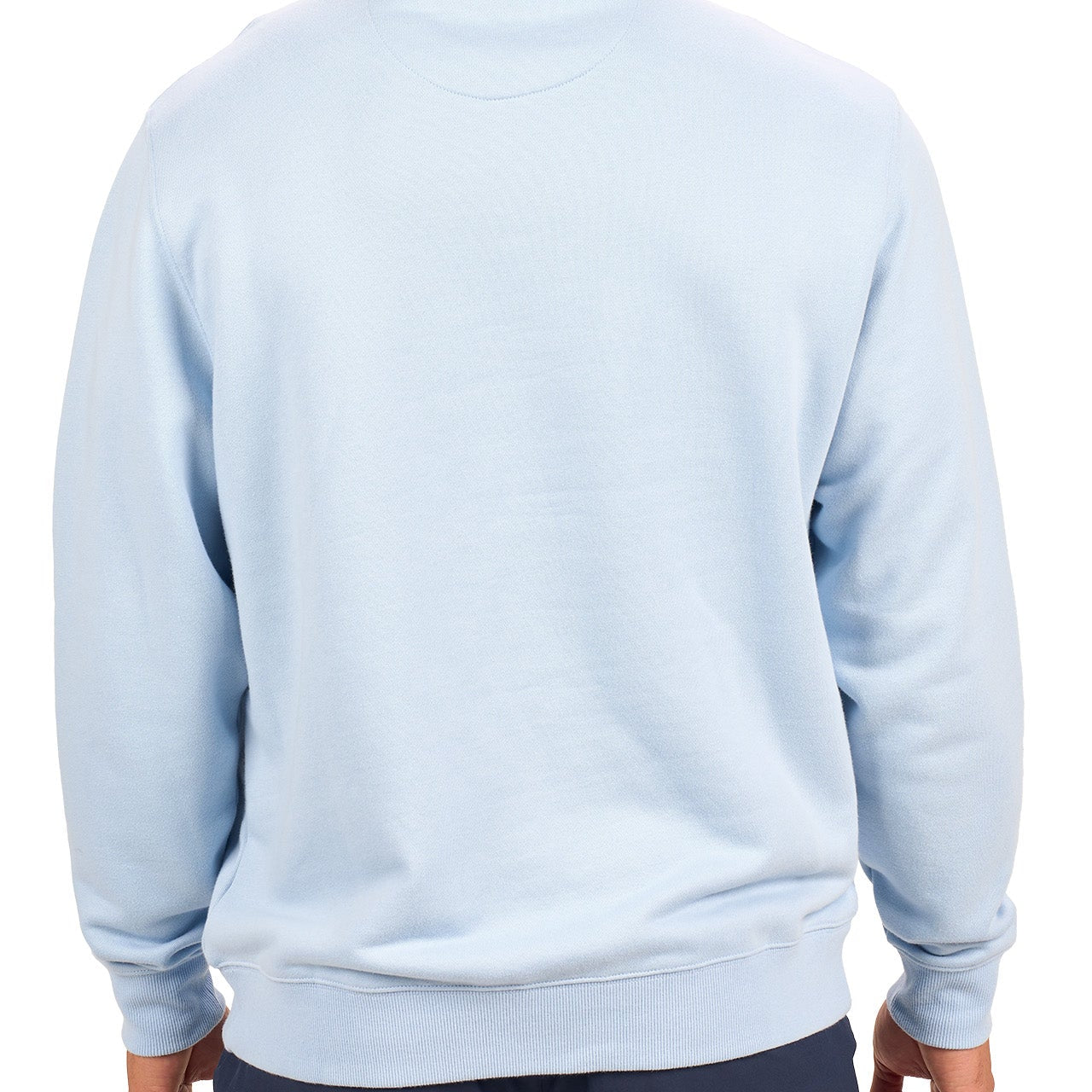 man wearing an light blue colored sweater from Black Clover with a 3d text BLCK CLVR on the chest