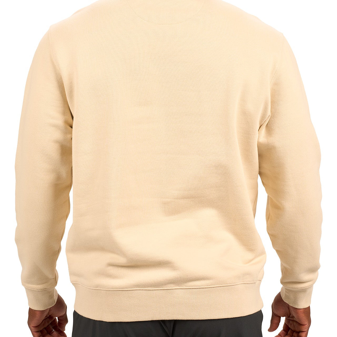 man wearing an oatmeal colored sweater from Black Clover with a 3d text BLCK CLVR on the chest