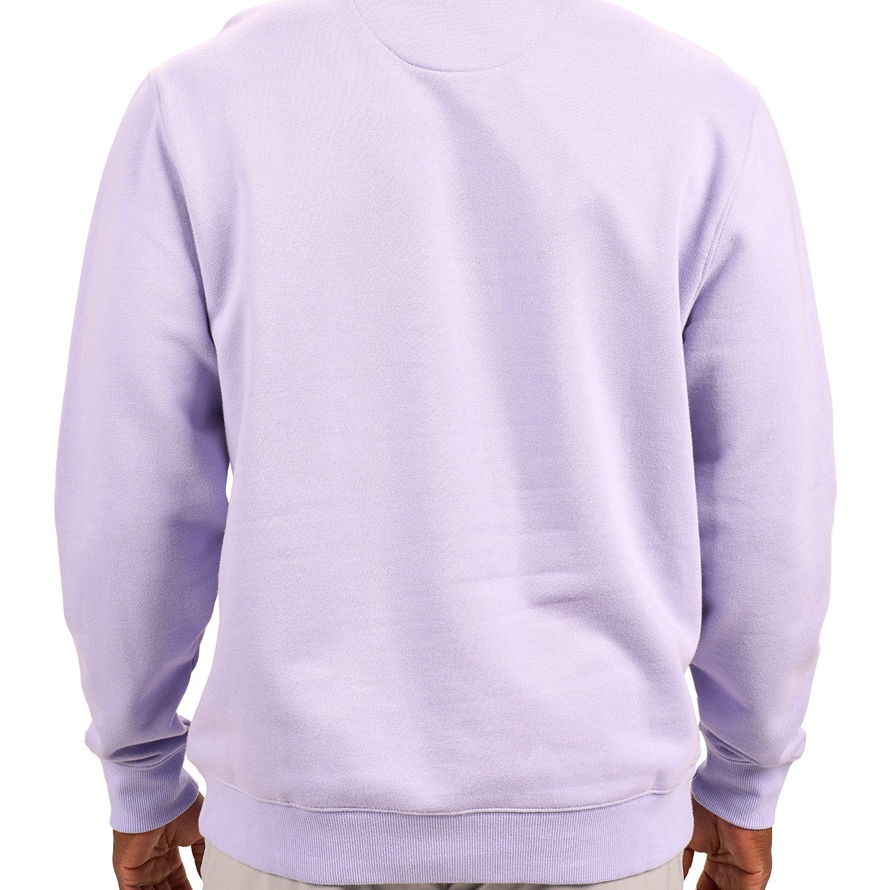 man wearing an light purple colored sweater from Black Clover with a 3d text BLCK CLVR on the chest