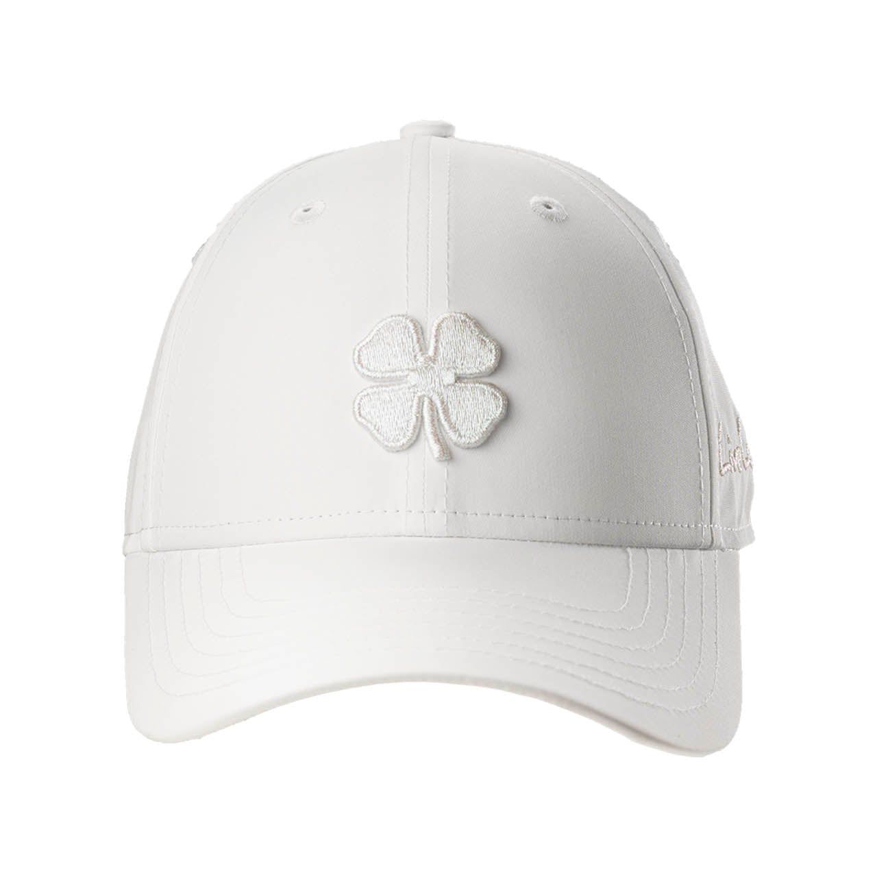 White cap with a shamrock design on a white background